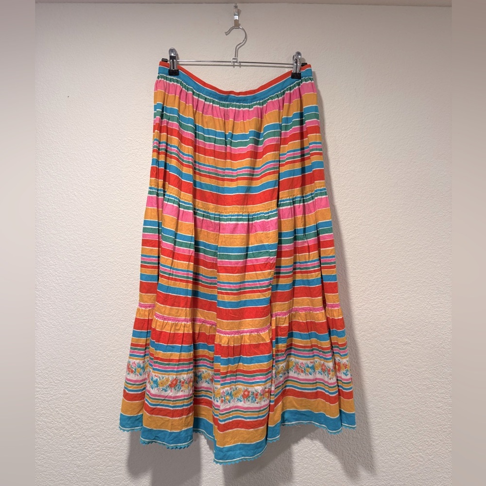VINTAGE Victoire Multi Stripe Midi Skirt w/ Floral Trim